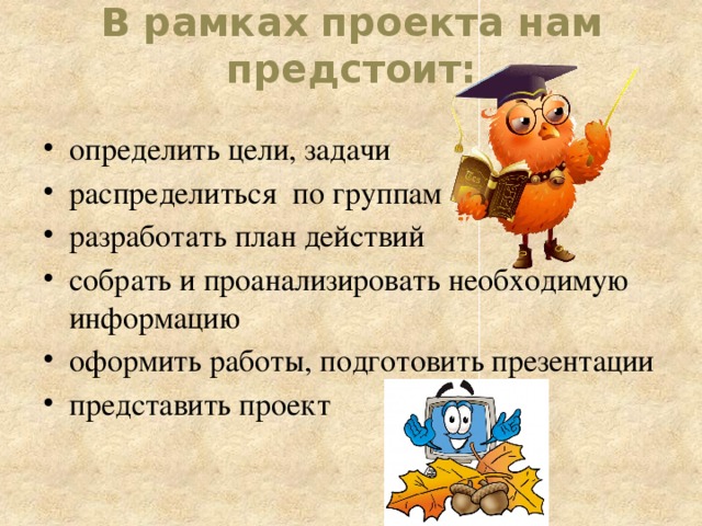 В рамках проекта нам предстоит: определить цели, задачи распределиться по группам разработать план действий собрать и проанализировать необходимую информацию оформить работы, подготовить презентации представить проект 