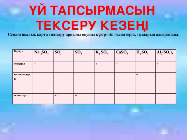 ҮЙ ТАПСЫРМАСЫН ТЕКСЕРУ КЕЗЕҢІ Семантикалық карта толтыру арқылы оқушы күкірттің оксидтерін, тұздарын ажыратады. Семантикалық карта толтыру арқылы оқушы күкірттің оксидтерін, қышқылдарын, тұздарын ажыратады. Күкірт Na 2 SO 4 тұздары қышқылдары SO 2 + SO 3 оксидтері K 2 SO 4 CaSO 4 + + + + H 2 SO 4 Al 2 (SO 4 ) 3 + + Күкірт тұздары Na 2 SO 4 + қышқылдары SO 2 SO 3 оксидтері K 2 SO 4 + + CaSO 4 + + H 2 SO 4 Al 2 (SO 4 ) 3 + + 