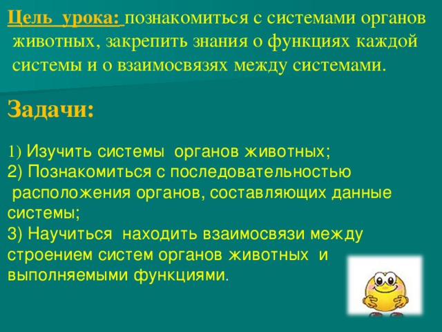 Цель урока:  познакомиться с системами органов  животных, закрепить знания о функциях каждой  системы и о взаимосвязях между системами.  Задачи: 1) Изучить системы органов животных; 2) Познакомиться с последовательностью  расположения органов, составляющих данные системы; 3) Научиться находить взаимосвязи между строением систем органов животных  и выполняемыми функциями . 