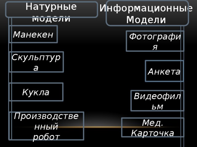 Натурные модели Информационные Модели Манекен Фотография Скульптура  Анкета Кукла Видеофильм Производственный  робот Мед. Карточка 