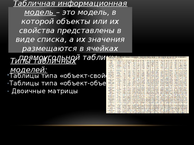 Табличная информационная модель – это модель, в которой объекты или их свойства представлены в виде списка, а их значения размещаются в ячейках прямоугольной таблицы. Типы табличных моделей: Таблицы типа «объект-свойство» Таблицы типа «объект-объект»  Двоичные матрицы 