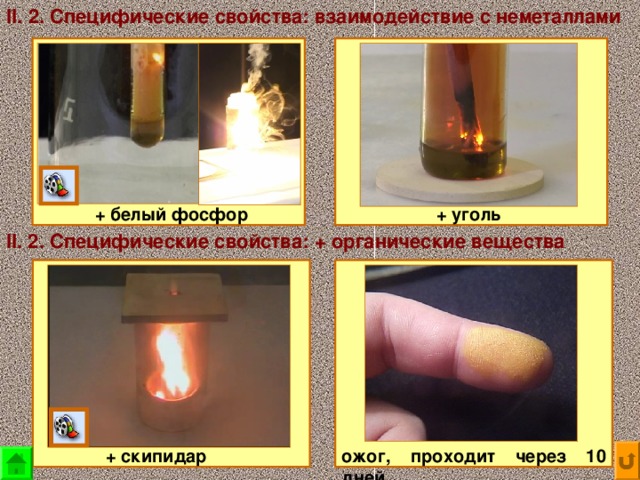 II. 2. Специфические свойства: взаимодействие с неметаллами + белый фосфор + уголь II. 2. Специфические свойства: + органические вещества ожог, проходит через 10 дней + скипидар 