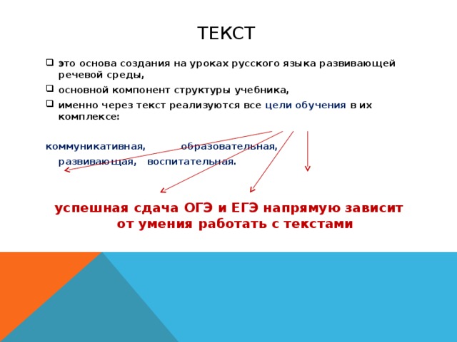 это основа создания на уроках русского языка развивающей речевой среды, основной компонент структуры учебника, именно через текст реализуются все цели обучения в их комплексе: коммуникативная,    образовательная,   развивающая,   воспитательная.   успешная сдача ОГЭ и ЕГЭ напрямую зависит от умения работать с текстами 