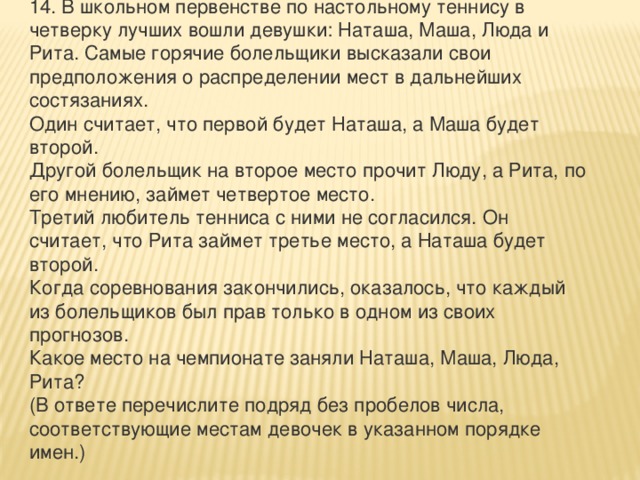 14. В школьном первенстве по настольному теннису в четверку лучших вошли девушки: Наташа, Маша, Люда и Рита. Самые горячие болельщики высказали свои предположения о распределении мест в дальнейших состязаниях. Один считает, что первой будет Наташа, а Маша будет второй. Другой болельщик на второе место прочит Люду, а Рита, по его мнению, займет четвертое место. Третий любитель тенниса с ними не согласился. Он считает, что Рита займет третье место, а Наташа будет второй. Когда соревнования закончились, оказалось, что каждый из болельщиков был прав только в одном из своих прогнозов. Какое место на чемпионате заняли Наташа, Маша, Люда, Рита? (В ответе перечислите подряд без пробелов числа, соответствующие местам девочек в указанном порядке имен.) 