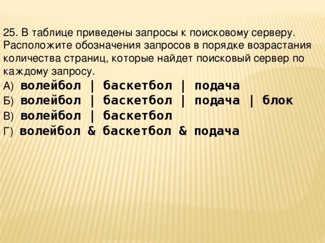 25. В таблице приведены запросы к поисковому серверу. Расположите обозначения запросов в порядке возрастания количества страниц, которые найдет поисковый сервер по каждому запросу. А) волейбол | баскетбол | подача Б) волейбол | баскетбол | подача | блок  В) волейбол | баскетбол  Г) волейбол & баскетбол & подача 