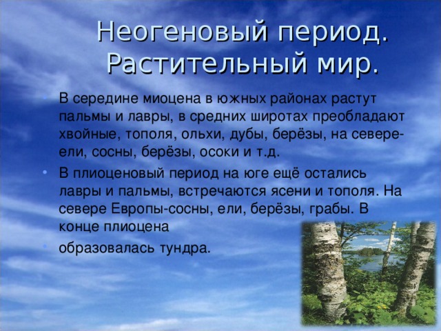 Неогеновый период.  Растительный мир. В середине миоцена в южных районах растут пальмы и лавры, в средних широтах преобладают хвойные, тополя, ольхи, дубы, берёзы, на севере-ели, сосны, берёзы, осоки и т.д. В плиоценовый период на юге ещё остались лавры и пальмы, встречаются ясени и тополя. На севере Европы-сосны, ели, берёзы, грабы. В конце плиоцена образовалась тундра. 
