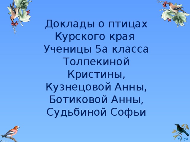 Доклады о птицах Курского края Ученицы 5а класса Толпекиной Кристины, Кузнецовой Анны, Ботиковой Анны, Судьбиной Софьи 