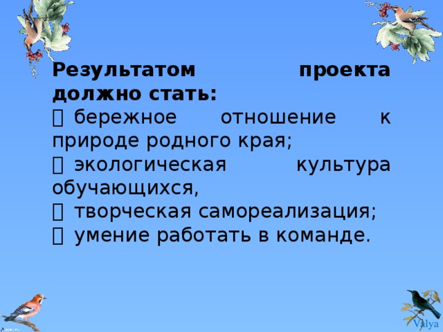 Результатом проекта должно стать:   бережное отношение к природе родного края;   экологическая культура обучающихся,   творческая самореализация;   умение работать в команде. 