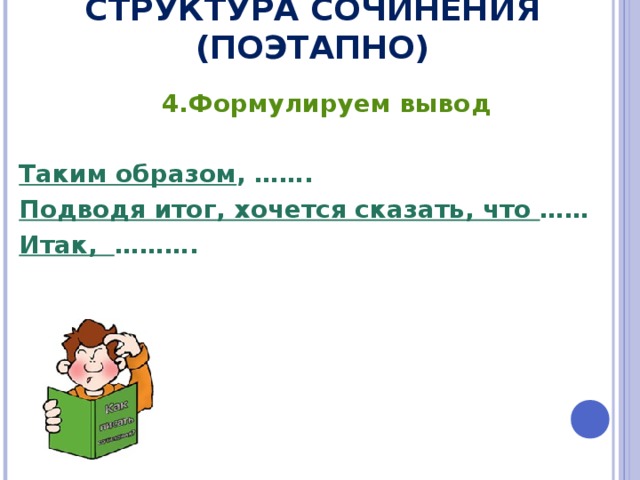 СТРУКТУРА СОЧИНЕНИЯ (ПОЭТАПНО) 4.Формулируем вывод  Таким образом , ……. Подводя итог, хочется сказать, что …… Итак, ………. 