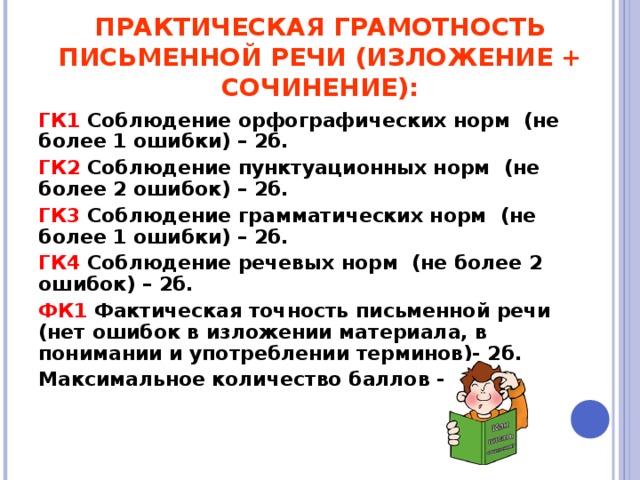 ПРАКТИЧЕСКАЯ ГРАМОТНОСТЬ ПИСЬМЕННОЙ РЕЧИ (ИЗЛОЖЕНИЕ + СОЧИНЕНИЕ): ГК1 Соблюдение орфографических норм (не более 1 ошибки) – 2б. ГК2 Соблюдение пунктуационных норм (не более 2 ошибок) – 2б. ГК3 Соблюдение грамматических норм (не более 1 ошибки) – 2б. ГК4 Соблюдение речевых норм (не более 2 ошибок) – 2б. ФК1 Фактическая точность письменной речи (нет ошибок в изложении материала, в понимании и употреблении терминов)- 2б. Максимальное количество баллов - 10   