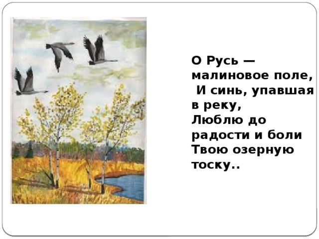 О Русь — малиновое поле,  И синь, упавшая в реку, Люблю до радости и боли Твою озерную тоску.. 