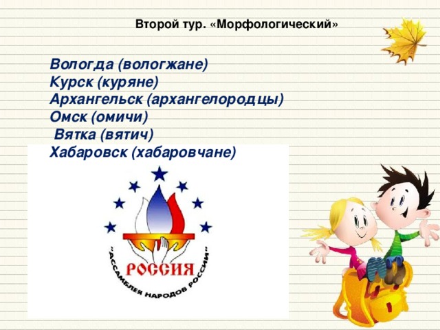 Второй тур. «Морфологический» Вологда (вологжане) Курск (куряне) Архангельск (архангелородцы) Омск (омичи)  Вятка (вятич) Хабаровск (хабаровчане) 