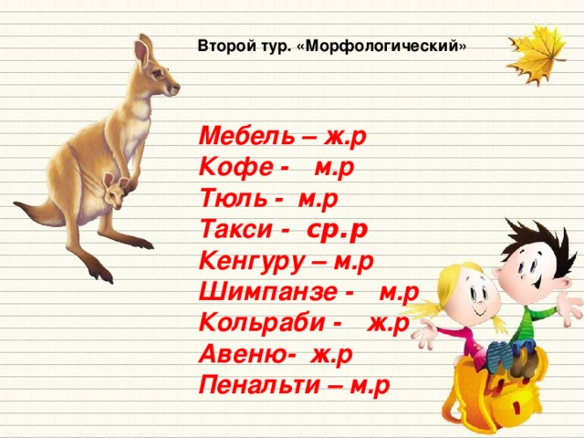 Второй тур. «Морфологический» Мебель – ж.р Кофе -    м.р Тюль - м.р Такси -   ср.р   Кенгуру – м.р Шимпанзе -    м.р Кольраби -    ж.р Авеню- ж.р Пенальти – м.р 