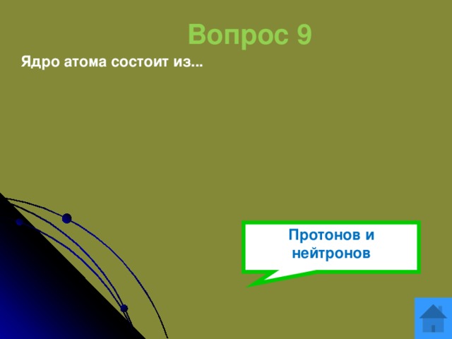 Вопрос 9 Ядро атома состоит из... Протонов и нейтронов 
