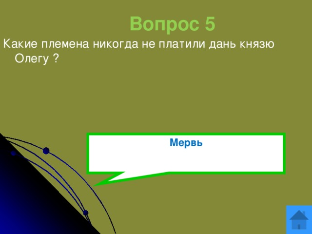 Вопрос 5 Какие племена никогда не платили дань князю Олегу ? Мервь 