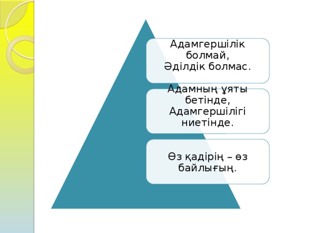 Адамгершілік болмай,  Әділдік болмас.   Адамның ұяты бетінде,  Адамгершілігі ниетінде.   Өз қадірің – өз байлығың. 