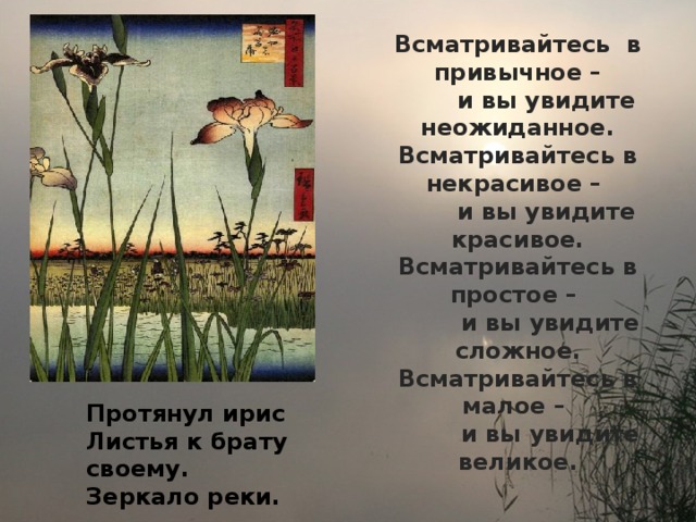 Всматривайтесь в привычное –  и вы увидите неожиданное. Всматривайтесь в некрасивое –  и вы увидите красивое. Всматривайтесь в простое –  и вы увидите сложное. Всматривайтесь в малое –  и вы увидите великое. Протянул ирис  Листья к брату своему.  Зеркало реки. 