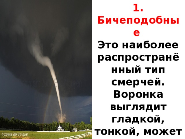 1. Бичеподобные Это наиболее распространённый тип смерчей. Воронка выглядит гладкой, тонкой, может быть весьма извилистой. 