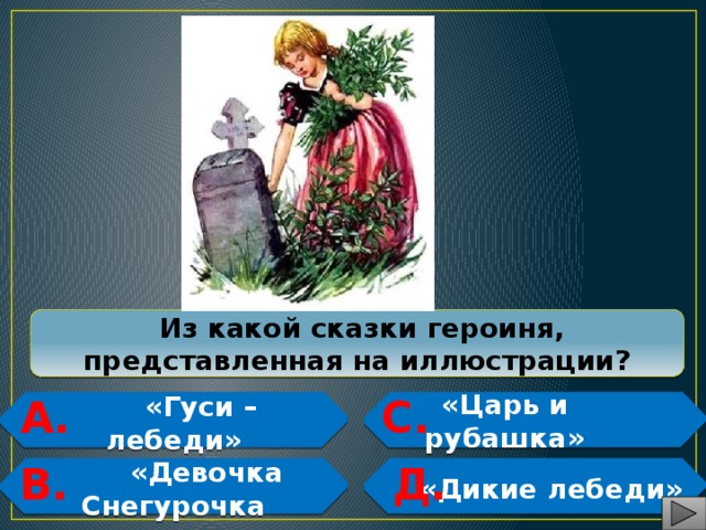  Из какой сказки героиня, представленная на иллюстрации? А. С.  «Гуси – лебеди»  «Царь и рубашка»  В. Д.  «Девочка Снегурочка  «Дикие лебеди»   