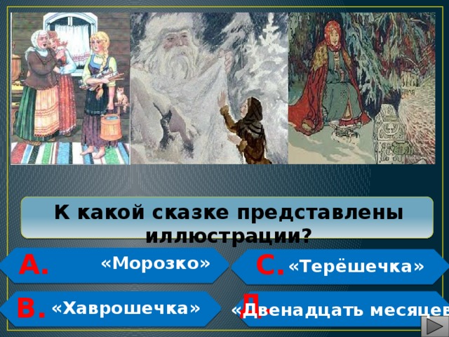  К какой сказке представлены иллюстрации? А. С.   «Морозко»  «Терёшечка»   Д. В.   «Хаврошечка»   «Двенадцать месяцев» 