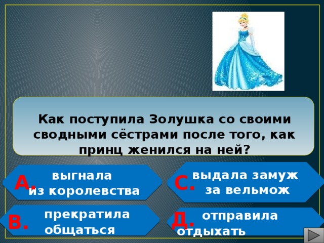  Как поступила Золушка со своими сводными сёстрами после того, как принц женился на ней?  выгнала  из королевства выдала замуж  за вельмож А. С.   Д.  прекратила общаться В.  отправила отдыхать   