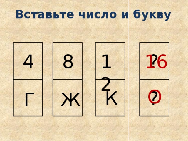 Вставьте число и букву 4 8 12 ? 16 О К ? Ж Г 
