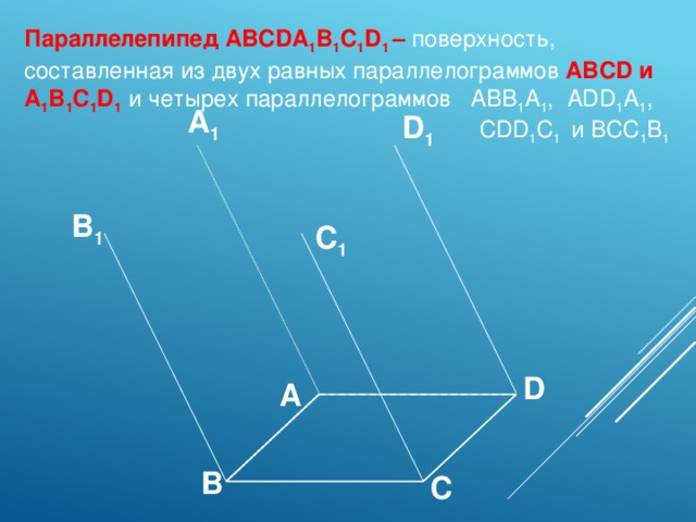 Параллелепипед АВСDA 1 B 1 C 1 D 1 – поверхность, составленная из двух равных параллелограммов АВСD и A 1 B 1 C 1 D 1  и четырех параллелограммов АВВ 1 А 1 , ADD 1 A 1 ,  CDD 1 C 1 и ВСС 1 В 1 A 1 D 1 B 1 С 1 D А В С 