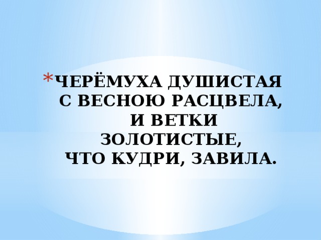 ЧЕРЁМУХА ДУШИСТАЯ  С ВЕСНОЮ РАСЦВЕЛА,  И ВЕТКИ ЗОЛОТИСТЫЕ,  ЧТО КУДРИ, ЗАВИЛА. 