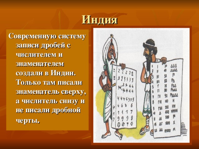 Индия Современную систему записи дробей с числителем и знаменателем создали в Индии. Только там писали знаменатель сверху, а числитель снизу и не писали дробной черты . 
