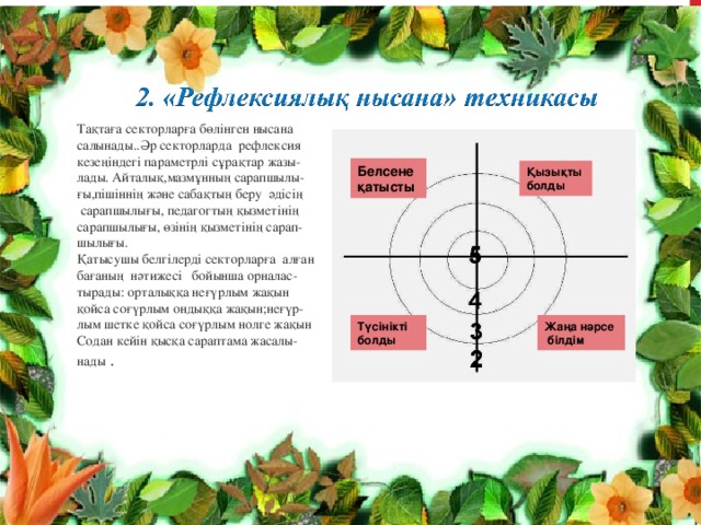 Тақтаға секторларға бөлінген нысана салынады..Әр секторларда  рефлексия кезеңіндегі параметрлі сұрақтар жазы - лады. Айталық,мазмұнның сарапшылы - ғы,пішіннің және сабақтың беру  әдісің   сарапшылығы, педагогтың қызметінің сарапшылығы, өзінің қызметінің сарап - шылығы. Қатысушы белгілерді секторларға алған бағаның нәтижесі  бойынша орналас - тырады: орталыққа неғүрлым жақын қойса соғүрлым ондыққа жақын;неғүр - лым шетке қойса соғүрлым нолге жақын Содан кейін қысқа сараптама жасалы - нады  . Белсене қатысты Қызықты болды Түсінікті болды Жаңа нәрсе  білдім 
