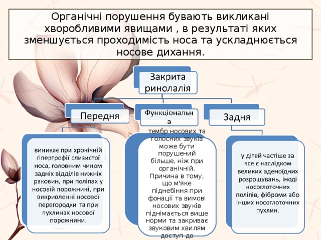 Органічні порушення бувають викликані хворобливими явищами , в результаті яких зменшується проходимість носа та ускладнюється носове дихання. тембр носових та голосних звуків може бути порушений більше, ніж при органічній. Причина в тому, що м'яке піднебіння при фонації та вимові носових звуків піднімається вище норми та закриває звуковим хвилям доступ до носоглотки. 