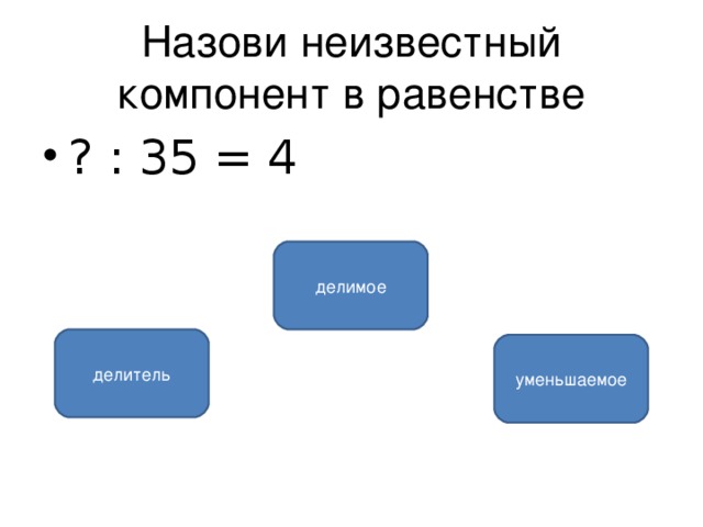 Назови неизвестный компонент в равенстве ? : 35 = 4 делимое делитель уменьшаемое 