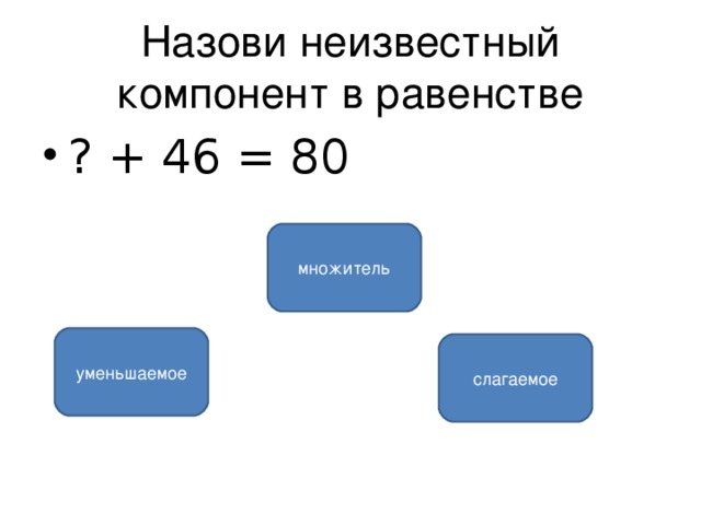 Назови неизвестный компонент в равенстве ? + 46 = 80 множитель уменьшаемое слагаемое 