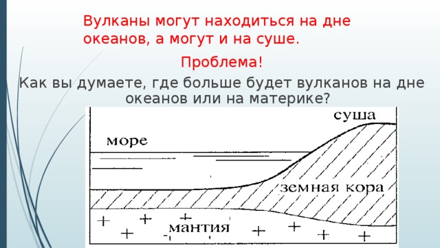 Вулканы могут находиться на дне океанов, а могут и на суше. Проблема! Как вы думаете, где больше будет вулканов на дне океанов или на материке?