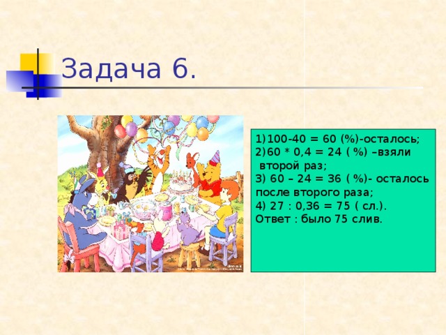 Задача 6. 1)100-40 = 60 (%)-осталось; 2)60 * 0,4 = 24 ( %) –взяли  второй раз; 3) 60 – 24 = 36 ( %)- осталось после второго раза; 4) 27 : 0,36 = 75 ( сл.). Ответ : было 75 слив.