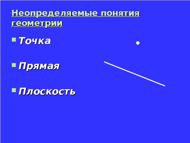 Неопределяемые понятия геометрии Точка   Прямая   Плоскость  