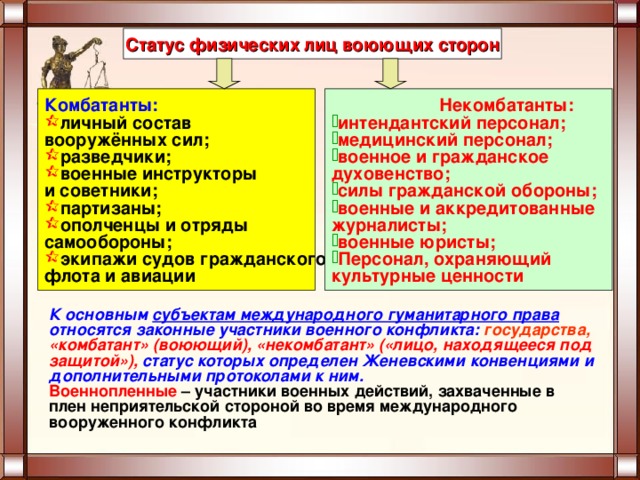 Статус физических лиц воюющих сторон Комбатанты:  Некомбатанты: интендантский персонал; медицинский персонал; военное и гражданское личный состав духовенство; вооружённых сил; разведчики; военные инструкторы силы гражданской обороны; военные и аккредитованные и советники; журналисты; партизаны; ополченцы и отряды военные юристы; Персонал, охраняющий самообороны; культурные ценности экипажи судов гражданского флота и авиации К основным субъектам международного гуманитарного права относятся законные участники военного конфликта: государства, «комбатант» (воюющий), «некомбатант» («лицо, находящееся под защитой»), статус которых определен Женевскими конвенциями и дополнительными протоколами к ним. Военнопленные – участники военных действий, захваченные в плен неприятельской стороной во время международного вооруженного конфликта 