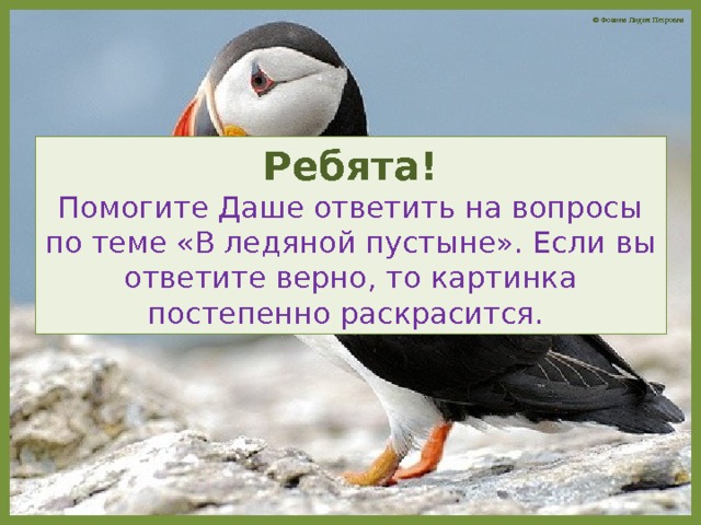 Ребята!  Помогите Даше ответить на вопросы по теме «В ледяной пустыне». Если вы ответите верно, то картинка постепенно раскрасится. 