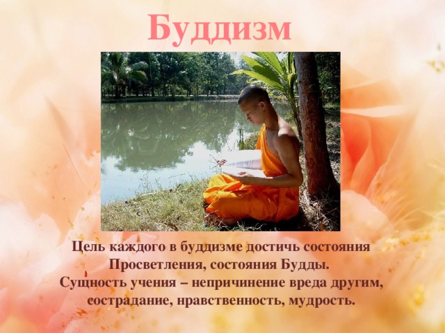 Буддизм        Цель каждого в буддизме достичь состояния Просветления, состояния Будды.  Сущность учения – непричинение вреда другим, сострадание, нравственность, мудрость.