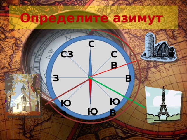 Определите азимут С СВ СЗ З В ЮВ ЮЗ Ю 