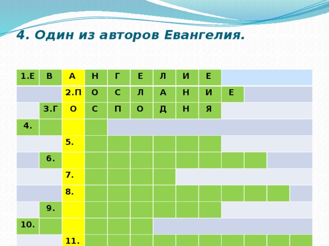 4. Один из авторов Евангелия.   1.Е В А 3.Г Н 4. 2.П Г О О Е С С 6. 5. П Л Л И О А Н Д Е 7. Н 9. 10. И 8. Е Я 11.    