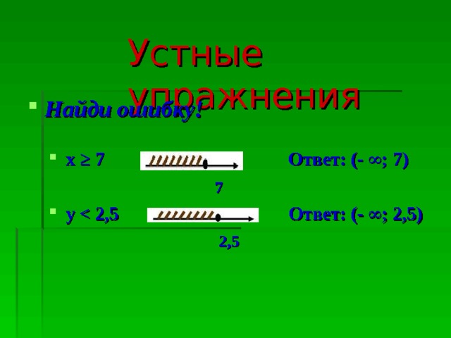 Устные упражнения Найди ошибку! x ≥ 7 Ответ: (- ∞; 7)  7  y    2,5    