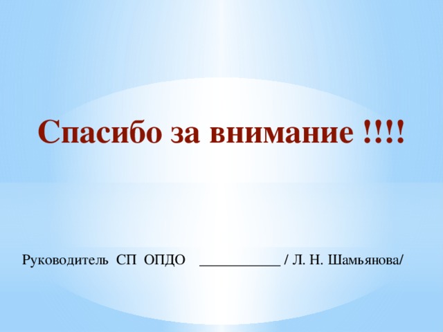 Спасибо за внимание !!!! Руководитель СП ОПДО  ___________ / Л. Н. Шамьянова/  