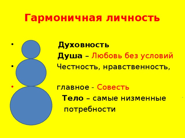   Гармоничная личность     Духовность   Душа – Любовь без условий  Честность, нравственность, а  главное - Совесть  Тело – самые низменные  потребности .  
