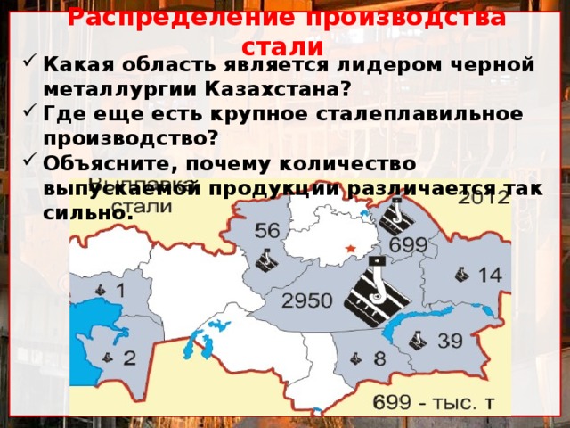 Используя карту охарактеризуйте по плану металлургическую промышленность казахстана