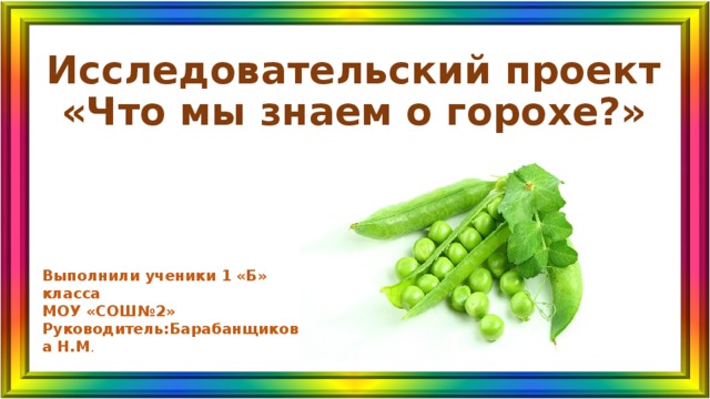 Исследовательский проект  «Что мы знаем о горохе?» Выполнили ученики 1 «Б» класса МОУ «СОШ№2» Руководитель:Барабанщикова Н.М . 