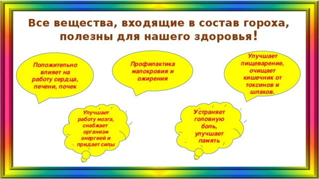 Все вещества, входящие в состав гороха, полезны для нашего здоровья ! Профилактика малокровия и ожирения Улучшает пищеварение, очищает кишечник от токсинов и шлаков. Положительно влияет на работу сердца, печени, почек У страняет головную боль, улучшает память Улучшает работу мозга, снабжает организм энергией и придает силы 