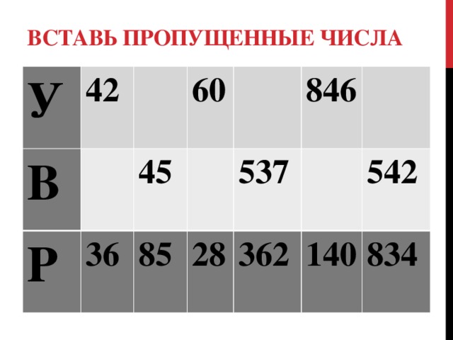Вставь пропущенные числа У 42 В Р 60 45 36 85 846 537 28 362 542 140 834