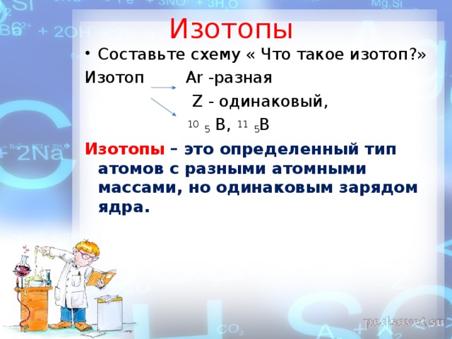 Изотопы Составьте схему « Что такое изотоп?» Изотоп Ar -разная  Z - одинаковый,  10   5  B, 11   5 B Изотопы – это определенный тип атомов с разными атомными массами, но одинаковым зарядом ядра.