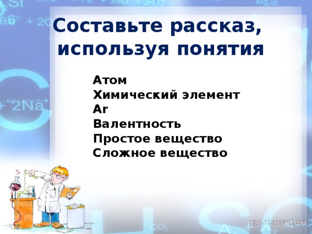 Составьте рассказ,  используя понятия Атом  Химический элемент  Ar  Валентность  Простое вещество  Сложное вещество